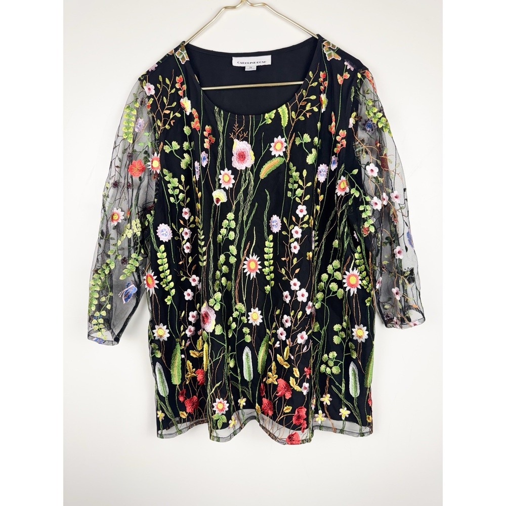 CAROLINE ROSE 1X womens Garden Walk Embroidered Floral Mesh Overlay Tunic Top